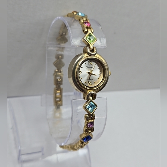 Gramercy Womens Gold Tone Multicolor Gemstone Bracelet Quartz Watch New Battery - Picture 3 of 9